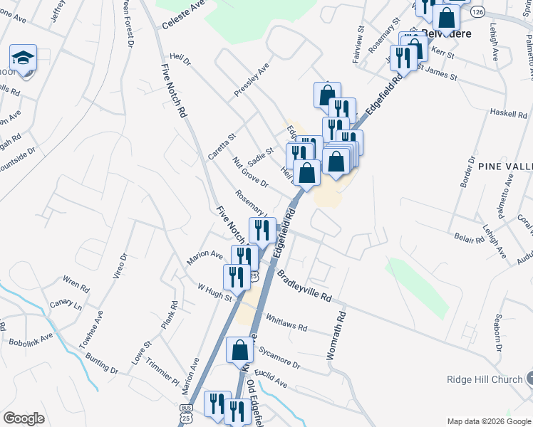 map of restaurants, bars, coffee shops, grocery stores, and more near 22 Fowkewood Court in North Augusta