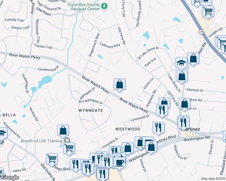 map of restaurants, bars, coffee shops, grocery stores, and more near 301 Old Plantation Road in Augusta