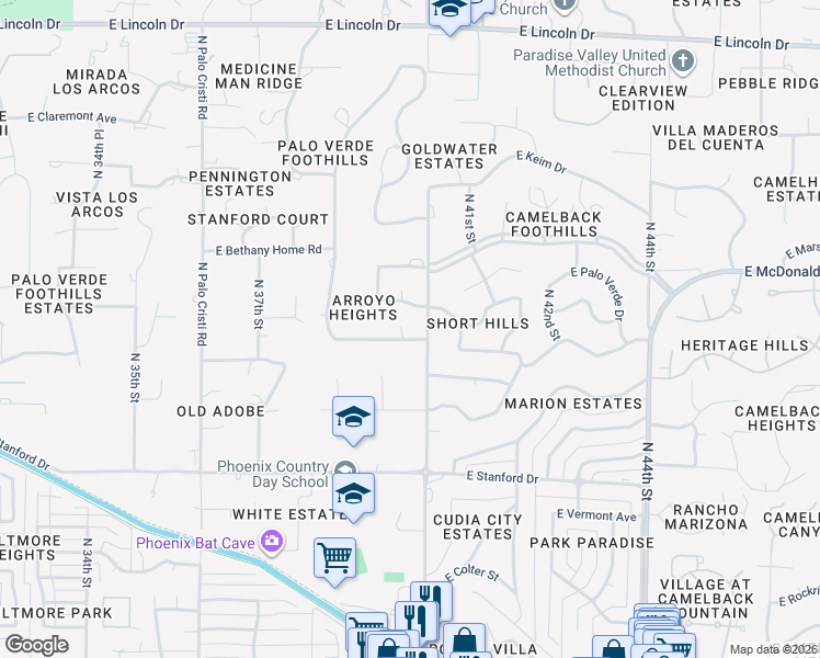 map of restaurants, bars, coffee shops, grocery stores, and more near 3928 East San Miguel Avenue in Paradise Valley