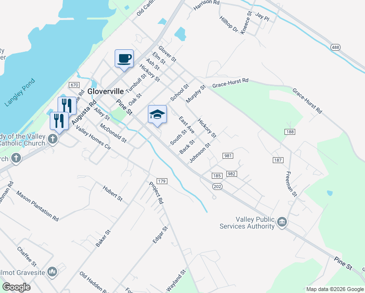 map of restaurants, bars, coffee shops, grocery stores, and more near 111 Back St in Gloverville