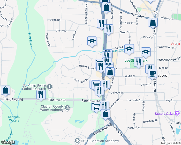 map of restaurants, bars, coffee shops, grocery stores, and more near 776 Jeb Stuart Drive in Jonesboro