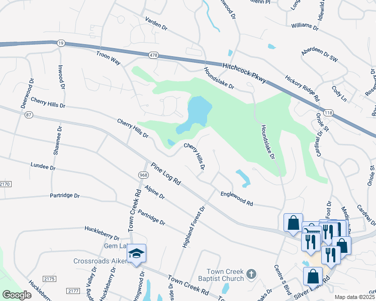 map of restaurants, bars, coffee shops, grocery stores, and more near 35 Cherry Hills Drive in Aiken