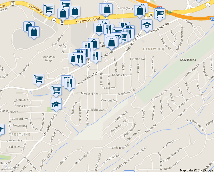 map of restaurants, bars, coffee shops, grocery stores, and more near 4744 Texas Avenue in Irondale