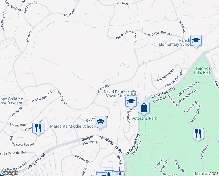 map of restaurants, bars, coffee shops, grocery stores, and more near 30581 Del Rey Road in Temecula