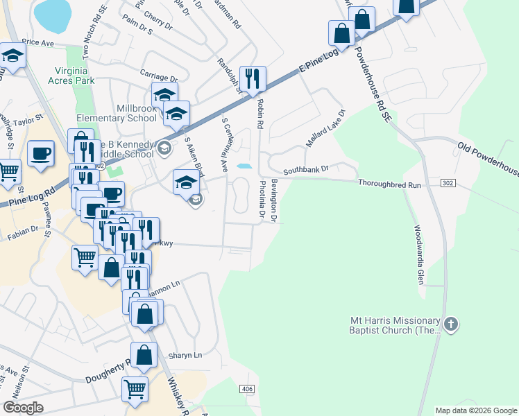 map of restaurants, bars, coffee shops, grocery stores, and more near 151 Bevington Drive in Aiken