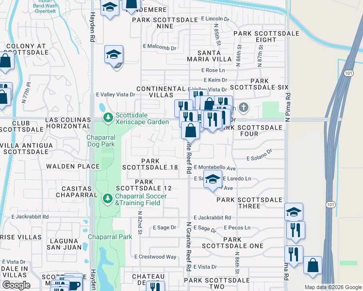 map of restaurants, bars, coffee shops, grocery stores, and more near 5871 North 83rd Street in Scottsdale
