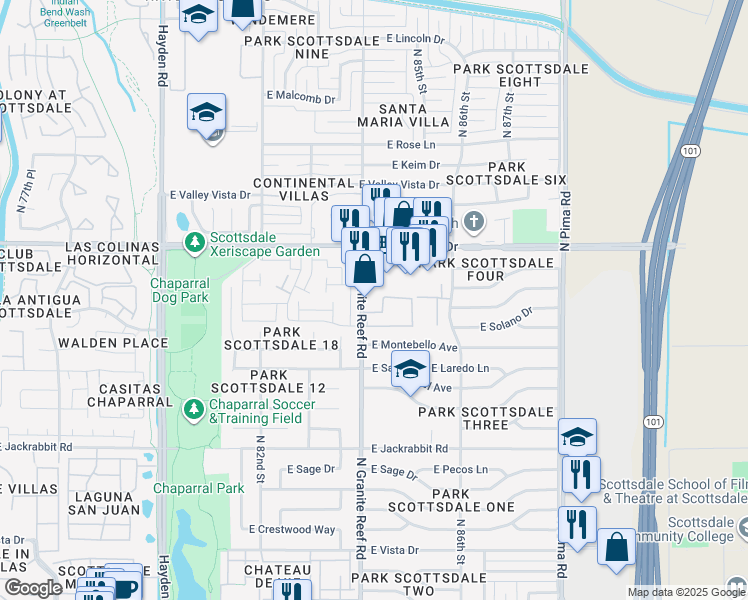 map of restaurants, bars, coffee shops, grocery stores, and more near 5895 North Granite Reef Road in Scottsdale