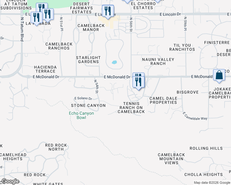 map of restaurants, bars, coffee shops, grocery stores, and more near 5555 East Palo Verde Drive in Paradise Valley