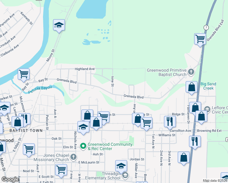 map of restaurants, bars, coffee shops, grocery stores, and more near 1901 Grenada Boulevard in Greenwood