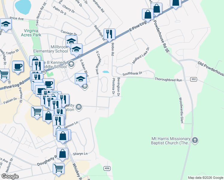 map of restaurants, bars, coffee shops, grocery stores, and more near 151 Bevington Drive in Aiken