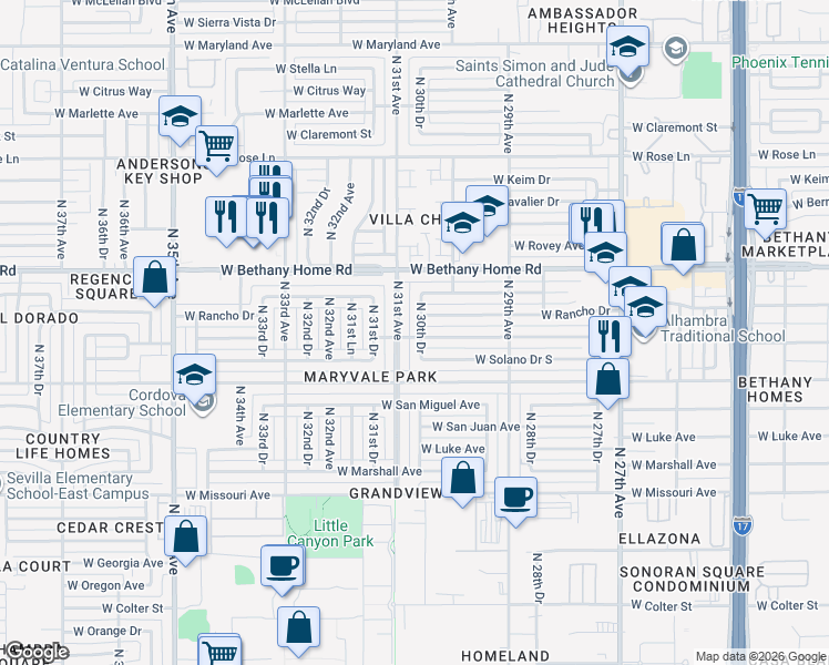 map of restaurants, bars, coffee shops, grocery stores, and more near 5802 N 30th Dr in Phoenix