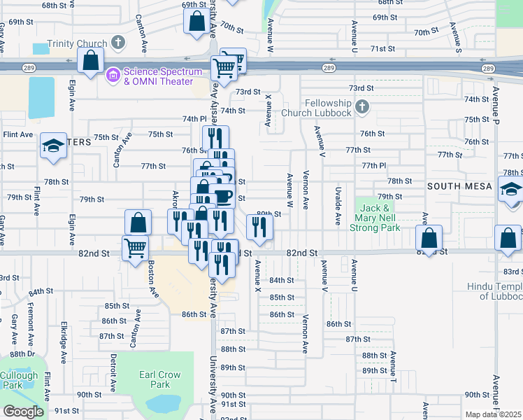 map of restaurants, bars, coffee shops, grocery stores, and more near 2316 80th Street in Lubbock