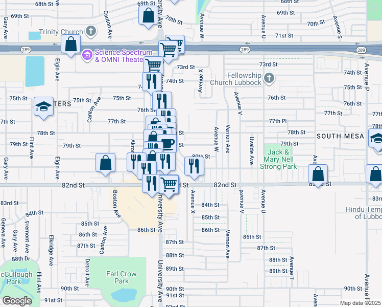 map of restaurants, bars, coffee shops, grocery stores, and more near 2320 80th Street in Lubbock