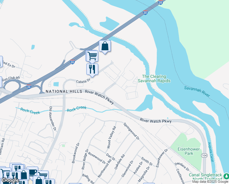 map of restaurants, bars, coffee shops, grocery stores, and more near 100 Delta Drive in Augusta