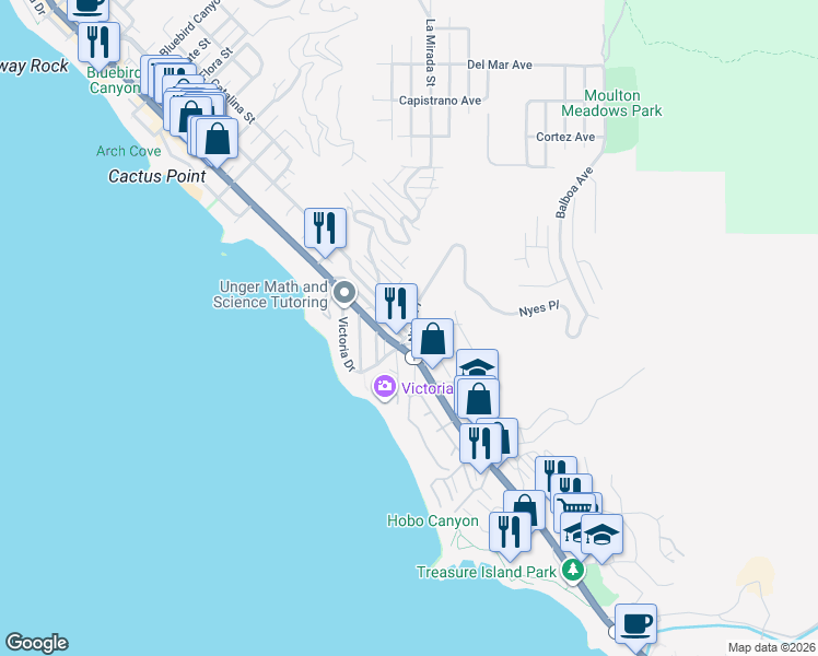 map of restaurants, bars, coffee shops, grocery stores, and more near 2784 Highland Way in Laguna Beach