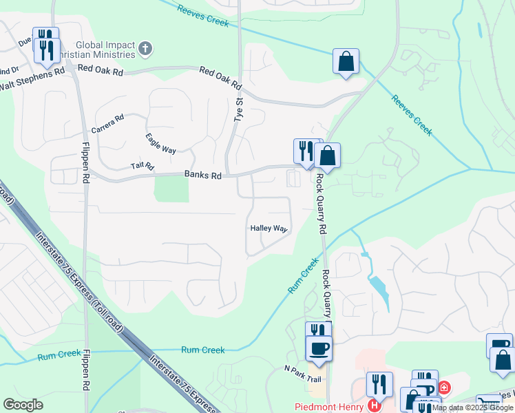 map of restaurants, bars, coffee shops, grocery stores, and more near 235 Summer Hill Circle in Stockbridge