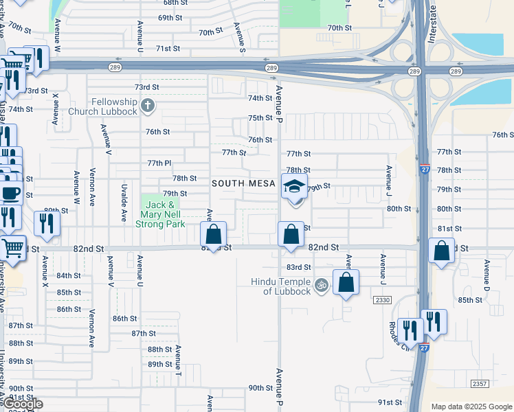 map of restaurants, bars, coffee shops, grocery stores, and more near 1615 79th Pl in Lubbock