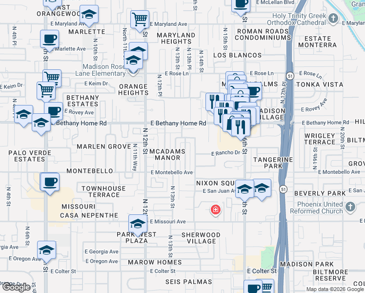 map of restaurants, bars, coffee shops, grocery stores, and more near 5802 North 13th Place in Phoenix