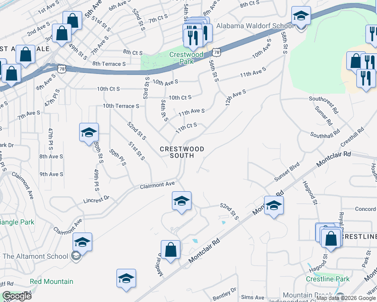 map of restaurants, bars, coffee shops, grocery stores, and more near 5233 Clairmont Avenue in Birmingham