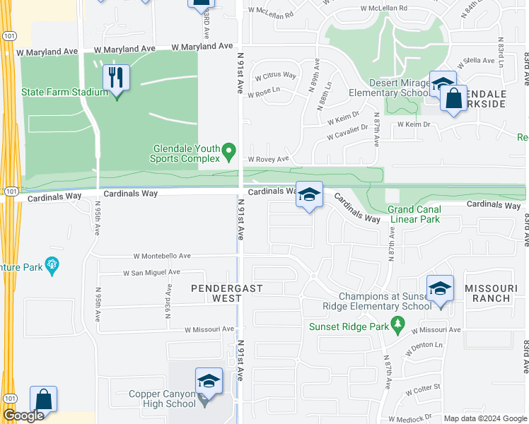 map of restaurants, bars, coffee shops, grocery stores, and more near 5932 North 90th Drive in Glendale