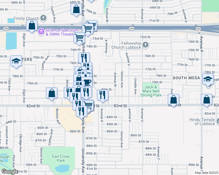 map of restaurants, bars, coffee shops, grocery stores, and more near 2308 80th Street in Lubbock