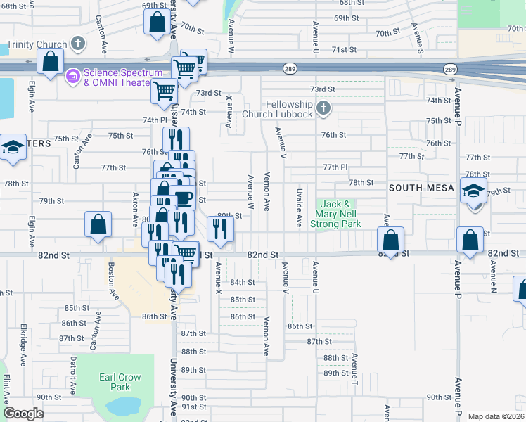 map of restaurants, bars, coffee shops, grocery stores, and more near 7816 Vernon Avenue in Lubbock
