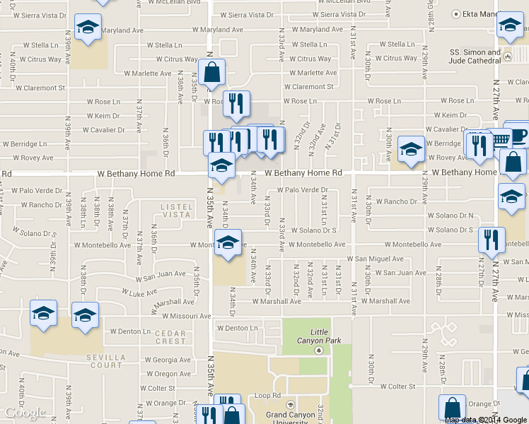 map of restaurants, bars, coffee shops, grocery stores, and more near 3318 West Solano Drive North in Phoenix