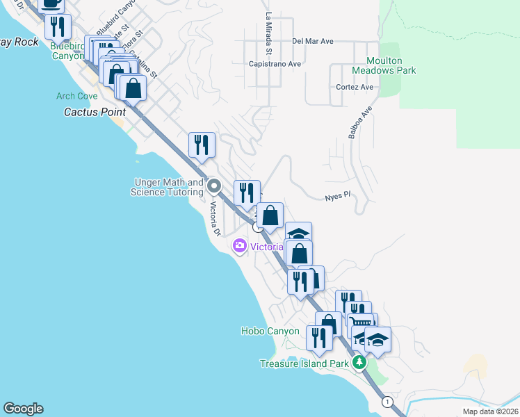 map of restaurants, bars, coffee shops, grocery stores, and more near 255 Nyes Place in Laguna Beach