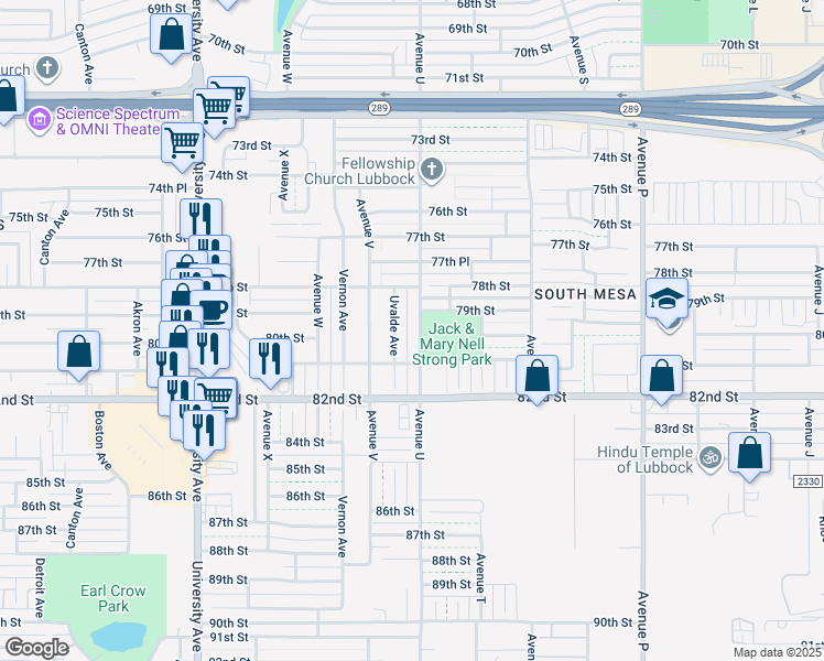 map of restaurants, bars, coffee shops, grocery stores, and more near 7816 Avenue U in Lubbock