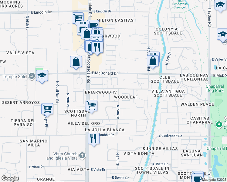 map of restaurants, bars, coffee shops, grocery stores, and more near 7326 East Solano Drive in Scottsdale
