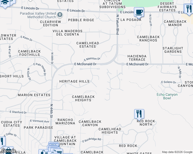 map of restaurants, bars, coffee shops, grocery stores, and more near 4701 East Rancho Drive in Phoenix
