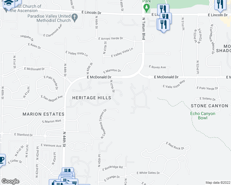 map of restaurants, bars, coffee shops, grocery stores, and more near 4701 East Rancho Drive in Phoenix