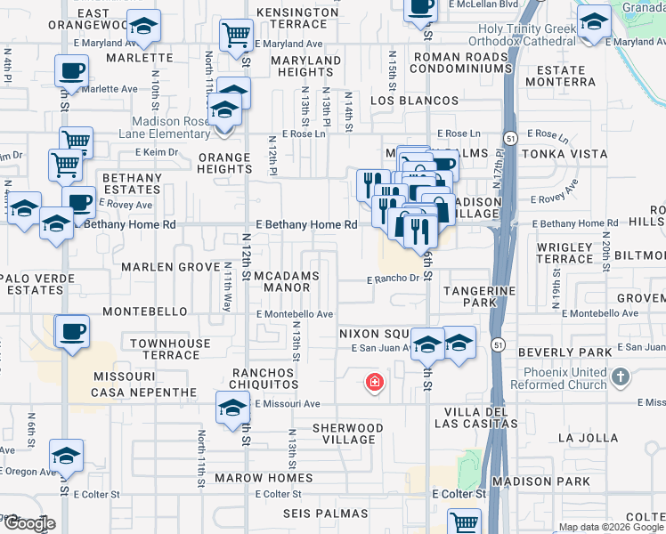 map of restaurants, bars, coffee shops, grocery stores, and more near 5801 North 14th Street in Phoenix