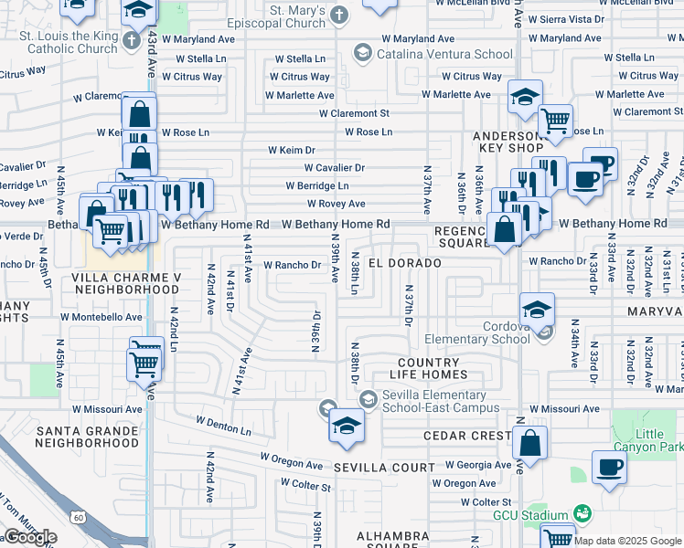 map of restaurants, bars, coffee shops, grocery stores, and more near 3902 West Solano Drive in Phoenix