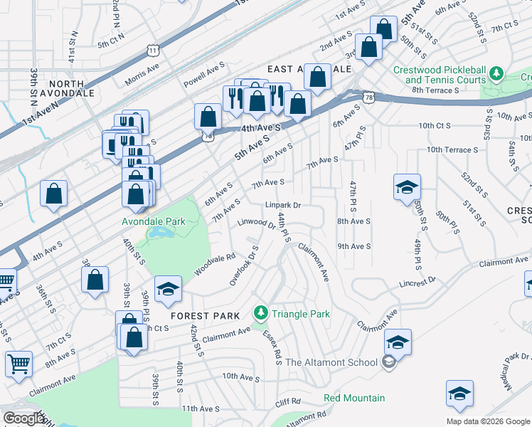 map of restaurants, bars, coffee shops, grocery stores, and more near 4340 Overlook Drive South in Birmingham