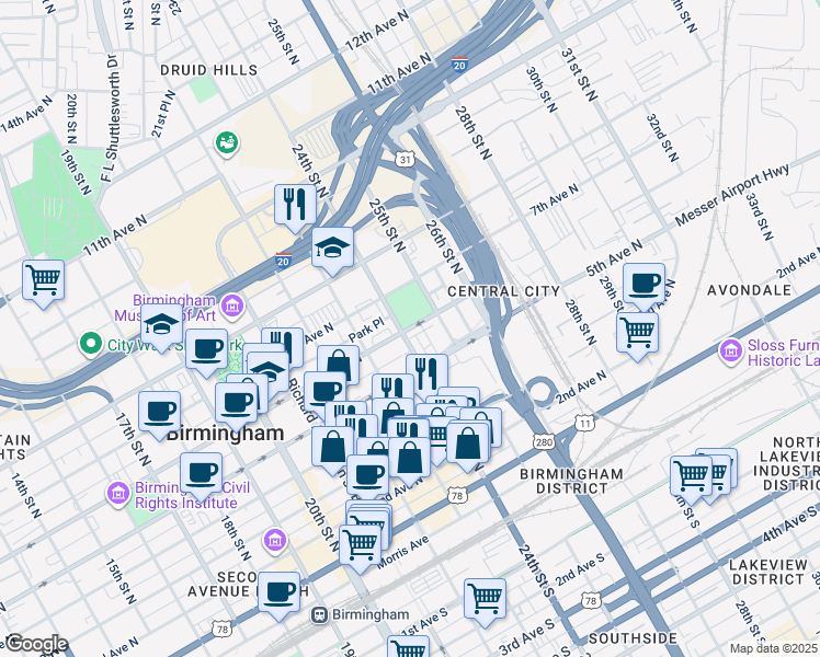 map of restaurants, bars, coffee shops, grocery stores, and more near in Birmingham