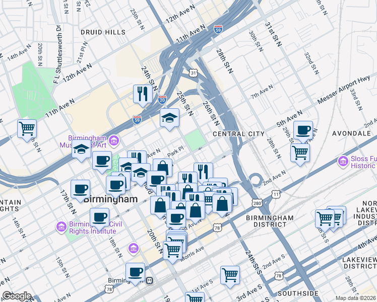 map of restaurants, bars, coffee shops, grocery stores, and more near in Birmingham