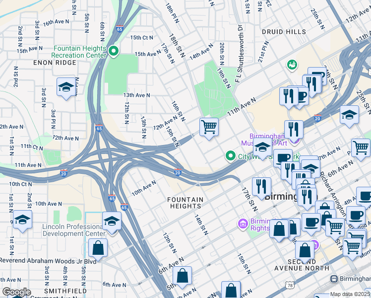 map of restaurants, bars, coffee shops, grocery stores, and more near 1033 15th Street North in Birmingham