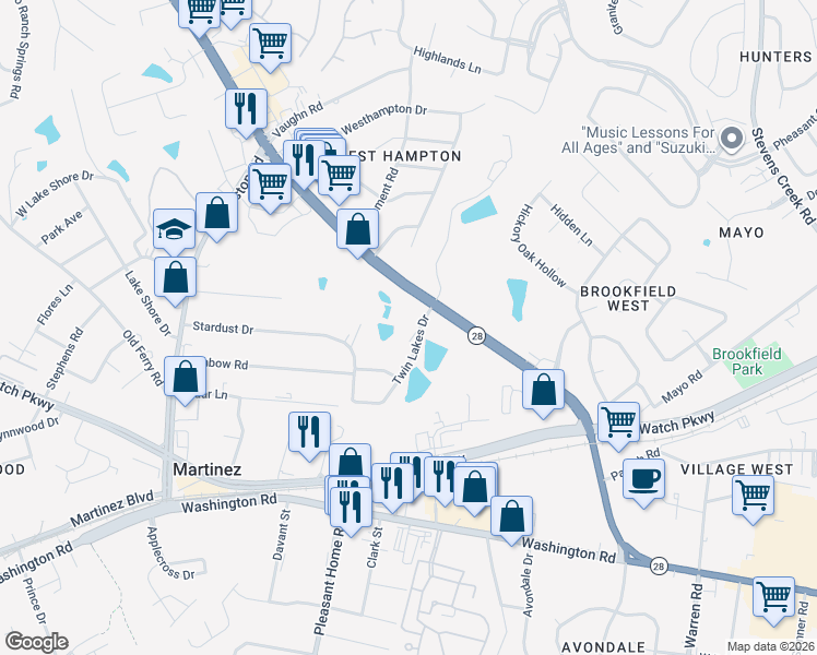 map of restaurants, bars, coffee shops, grocery stores, and more near 323 Sally Drive in Martinez