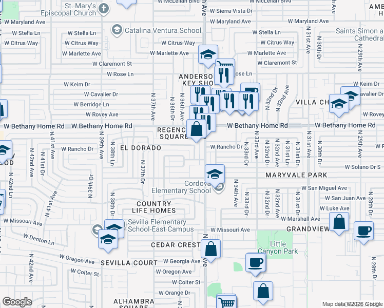 map of restaurants, bars, coffee shops, grocery stores, and more near 5808 North 35th Drive in Phoenix