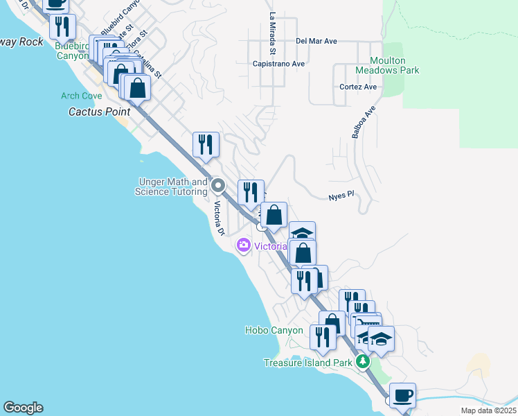 map of restaurants, bars, coffee shops, grocery stores, and more near 222 Nyes Place in Laguna Beach