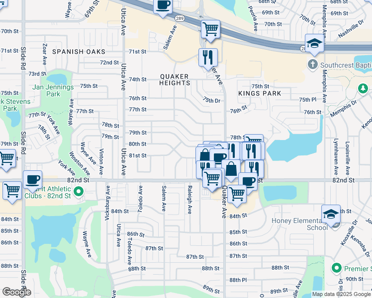 map of restaurants, bars, coffee shops, grocery stores, and more near 4427 79th Street in Lubbock