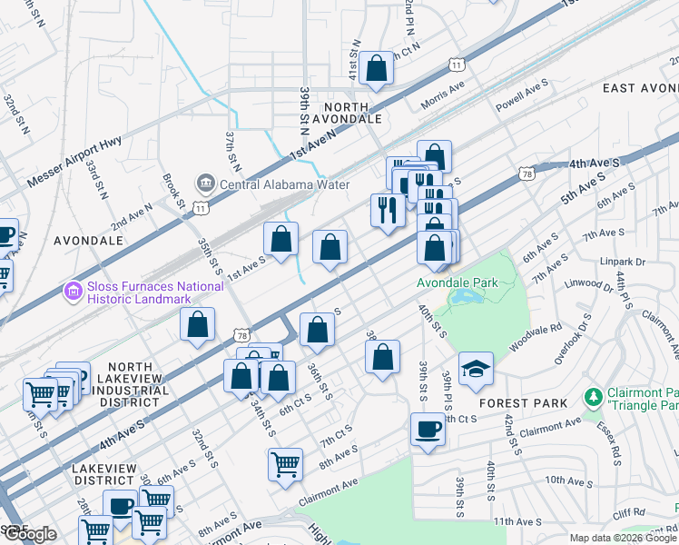 map of restaurants, bars, coffee shops, grocery stores, and more near 3800 3rd Avenue South in Birmingham