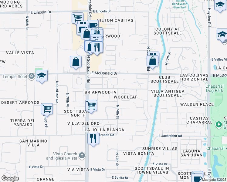 map of restaurants, bars, coffee shops, grocery stores, and more near 7326 East Solano Drive in Scottsdale