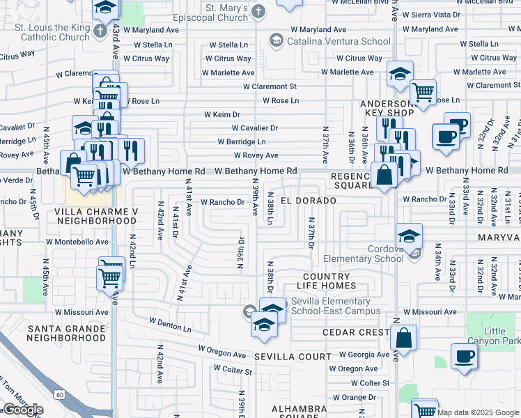 map of restaurants, bars, coffee shops, grocery stores, and more near 3902 West Solano Drive in Phoenix