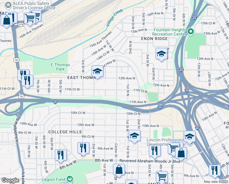 map of restaurants, bars, coffee shops, grocery stores, and more near 1130 Center Street in Birmingham