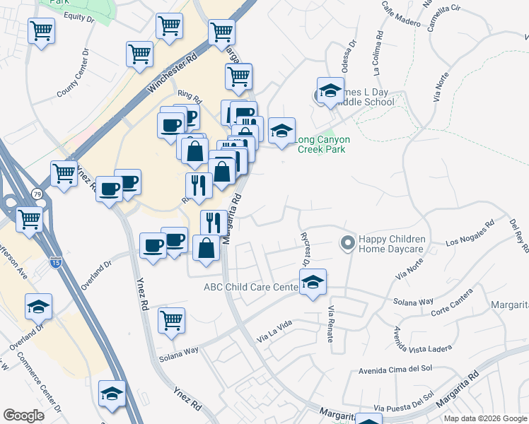 map of restaurants, bars, coffee shops, grocery stores, and more near 29513 Georgetown Lane in Temecula