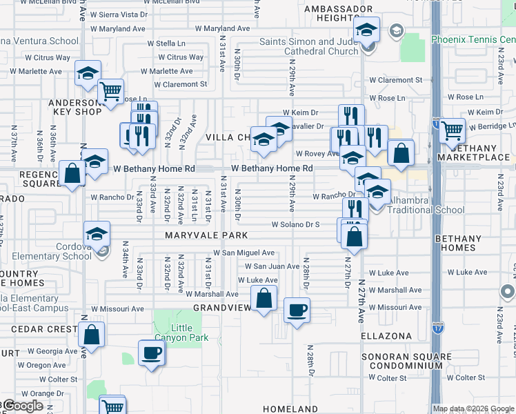 map of restaurants, bars, coffee shops, grocery stores, and more near 2944 West Solano Drive North in Phoenix