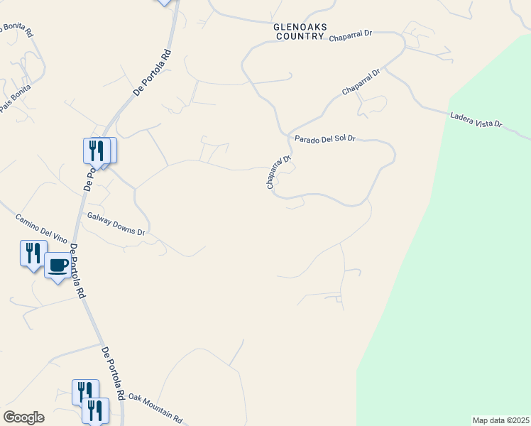 map of restaurants, bars, coffee shops, grocery stores, and more near Chaparral Drive in Riverside County