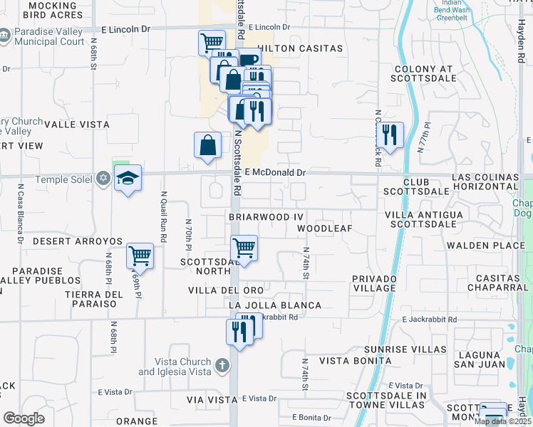 map of restaurants, bars, coffee shops, grocery stores, and more near 7244 East Solano Drive in Scottsdale